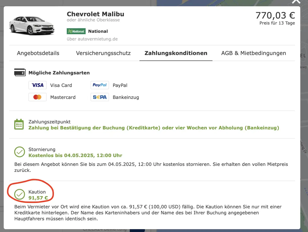Mietwagen USA Kosten Check24 Mietbedingungen Kaution